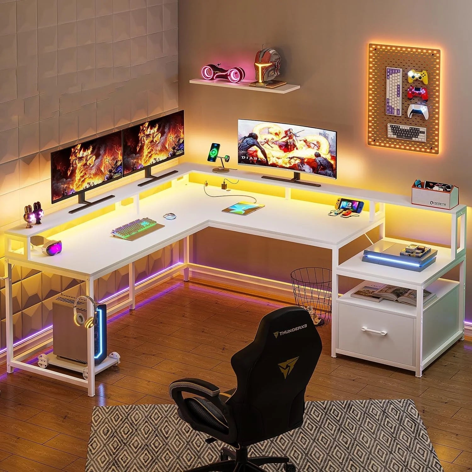 L Shaped Desk with LED Lights, Corner Computer Desk with File Drawer and Power Outlet, Gaming Desk for Home Office, White