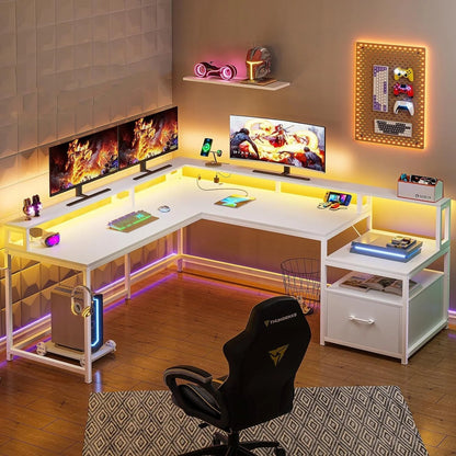 L Shaped Desk with LED Lights, Corner Computer Desk with File Drawer and Power Outlet, Gaming Desk for Home Office, White