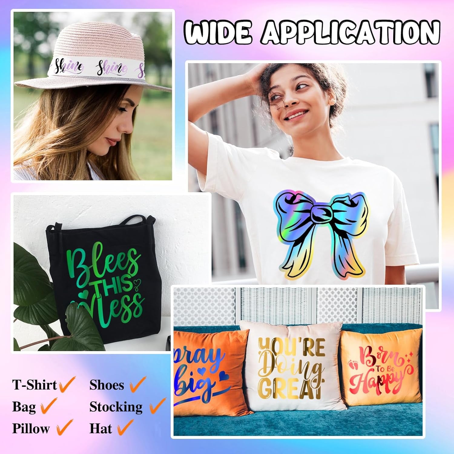 Metallic Holographic Heat Transfer Vinyl - 7 Sheets 12"X12" Iron on Vinyl for T-Shirts, Clothes, Bags, Pillows and More, Compatible with Most Cutter Machines