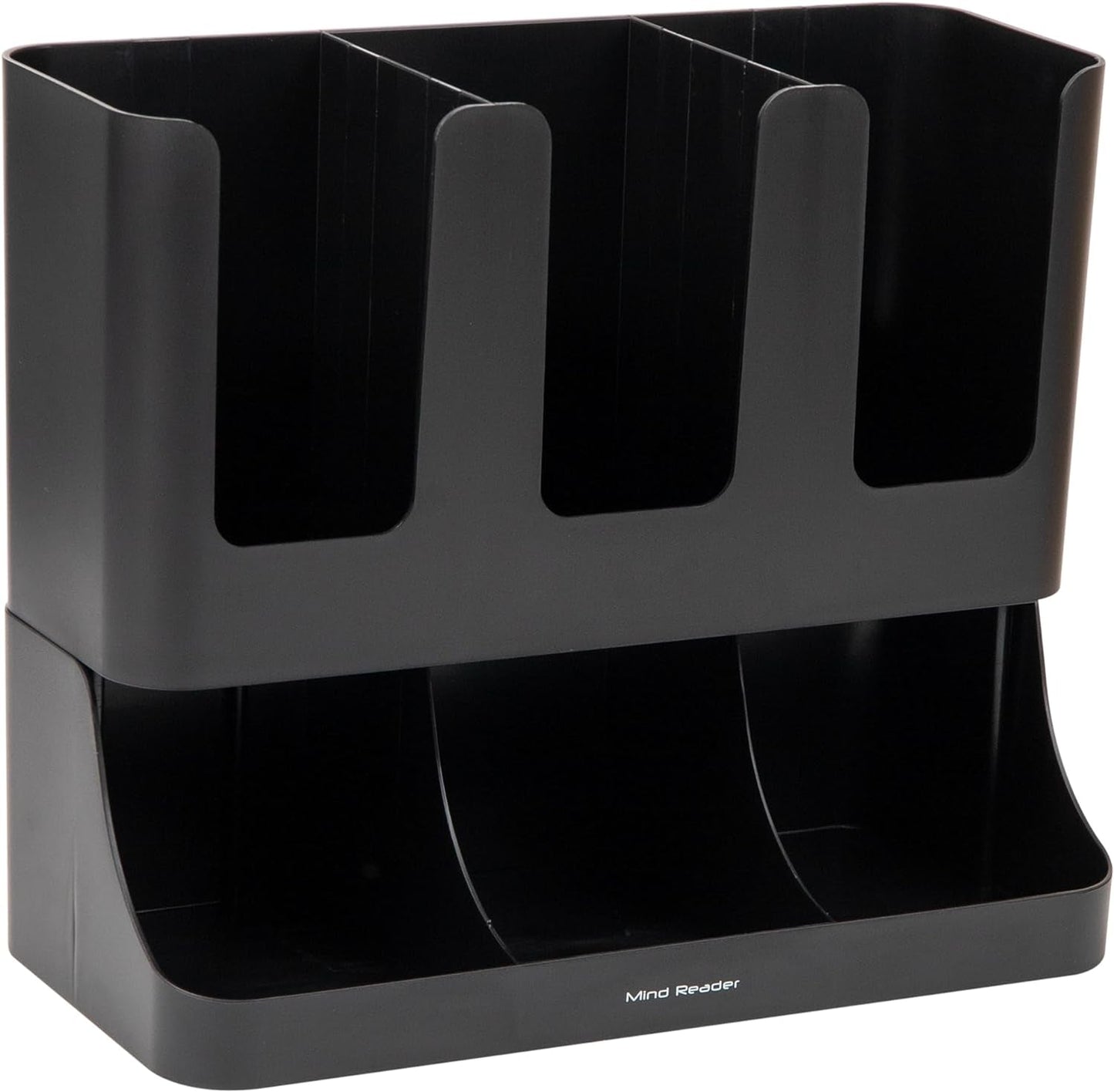 Mind Reader Cup and Condiment Station, Countertop Coffee Bar Organizer with 6 Compartments, Storage Caddy for Cups Lids and Packets, Plastic, Black
