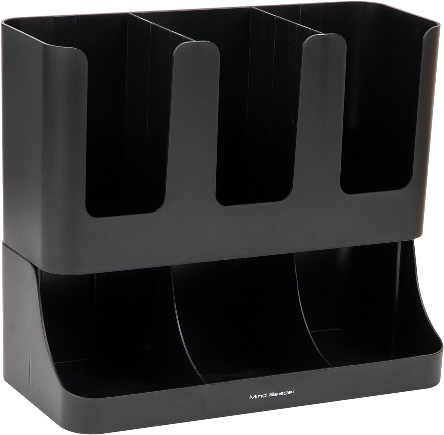 Mind Reader Cup and Condiment Station, Countertop Coffee Bar Organizer with 6 Compartments, Storage Caddy for Cups Lids and Packets, Plastic, Black