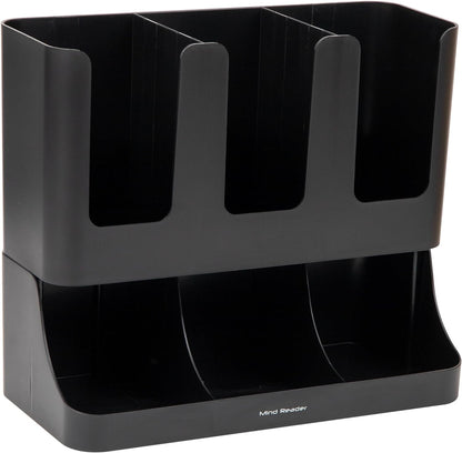 Mind Reader Cup and Condiment Station, Countertop Coffee Bar Organizer with 6 Compartments, Storage Caddy for Cups Lids and Packets, Plastic, Black