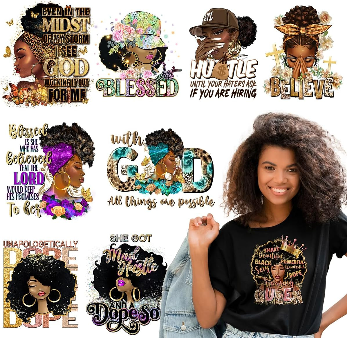 Kaciola 9 Sheets Black Girl DTF Transfers Ready to Press, Black Women Iron on Transfers Washable Stickers Iron on Decals for T Shirts Hoodie DIY Crafts