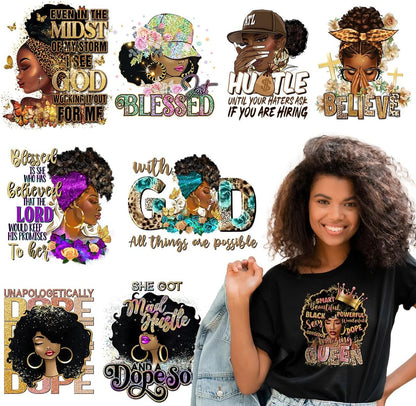 Kaciola 9 Sheets Black Girl DTF Transfers Ready to Press, Black Women Iron on Transfers Washable Stickers Iron on Decals for T Shirts Hoodie DIY Crafts