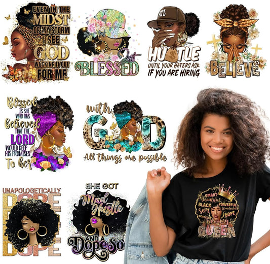 Kaciola 9 Sheets Black Girl DTF Transfers Ready to Press, Black Women Iron on Transfers Washable Stickers Iron on Decals for T Shirts Hoodie DIY Crafts