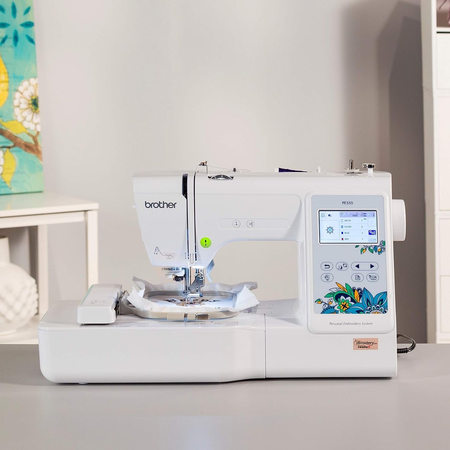 Brother PE535 Embroidery Machine, 80 Built-In Designs, 4" X 4" Hoop Area, Large 3.2" LCD Touchscreen, USB Port, 9 Font Styles