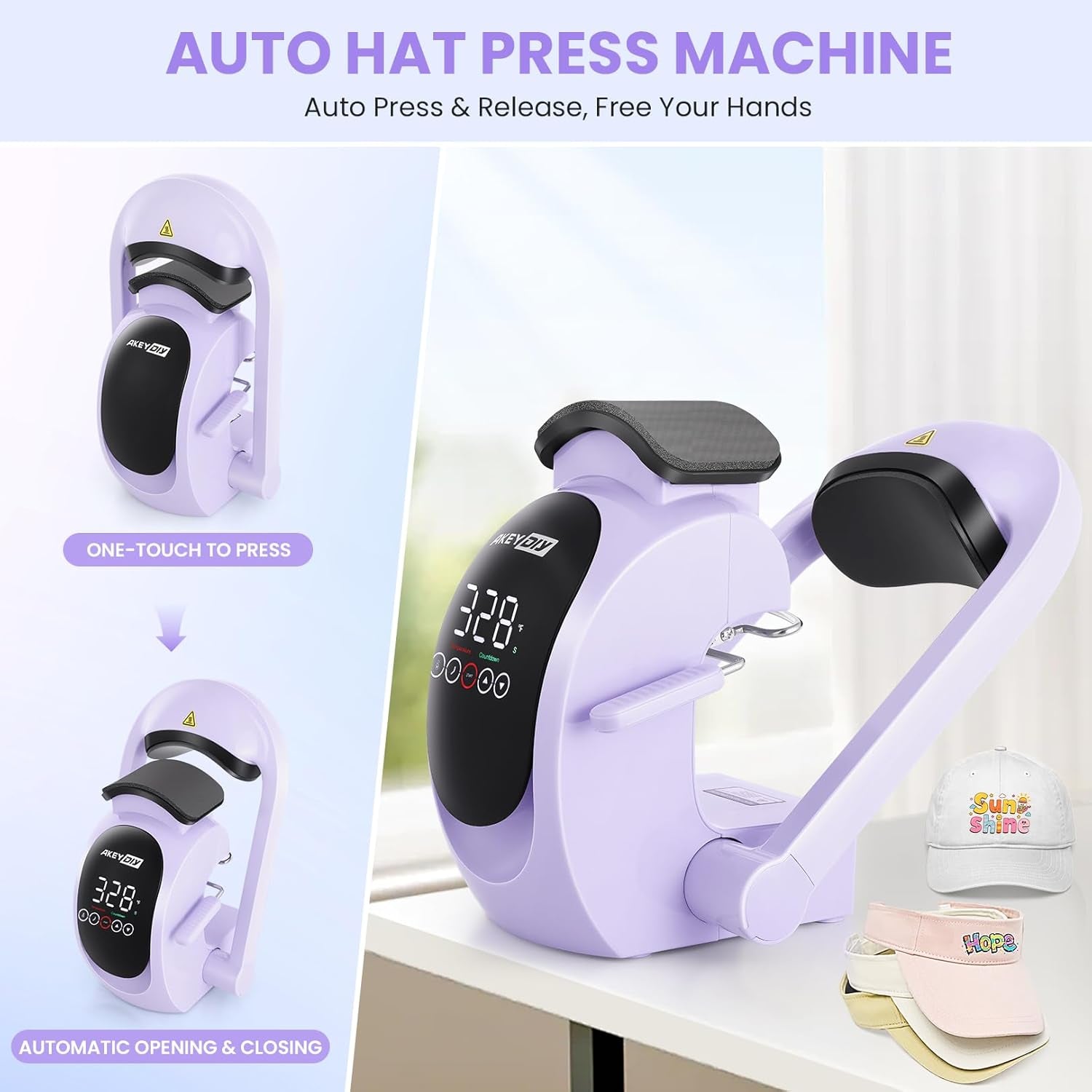 AKEYDIY 3-In-1 Auto Cap Heat Press Machine, Hat Heat Press with 3Pcs Replaceable Heating Pads, Automatic Release&Press Large Touchscreen Digital Control Panel, DIY Sublimation Caps T-Shirts Bags
