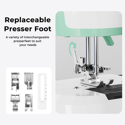 Rxmeili 12-Stitch Portable Sewing Machine for Beginners with 42-Piece Kit | Green Plug-In Mini Sewing Machine for Beginners, Reverse Sewing, 2-Speed, Foot Pedal, Light, Drawer for DIY Clothes & Crafts
