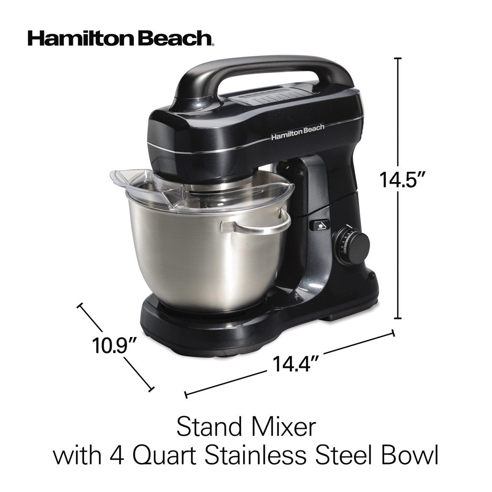 Electric Stand Mixer with 4 Quart Stainless Bowl, 7 Speeds, Whisk, Dough Hook, and Flat Beater Attachments, Splash Guard, 300 Watts, Black, 63394