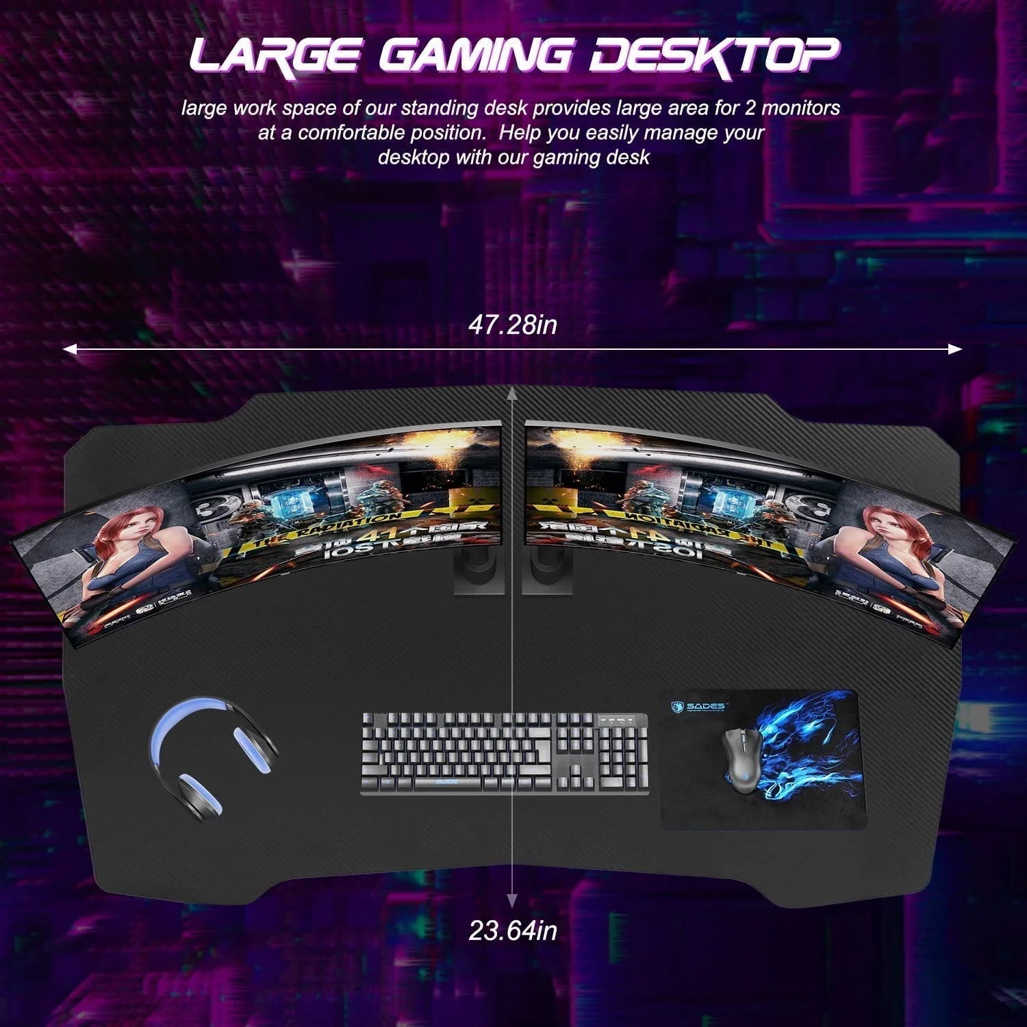 47 Inch Z Shaped Ergonomic Adults Gaming Desk with Headphone Hook for Game Players，Red