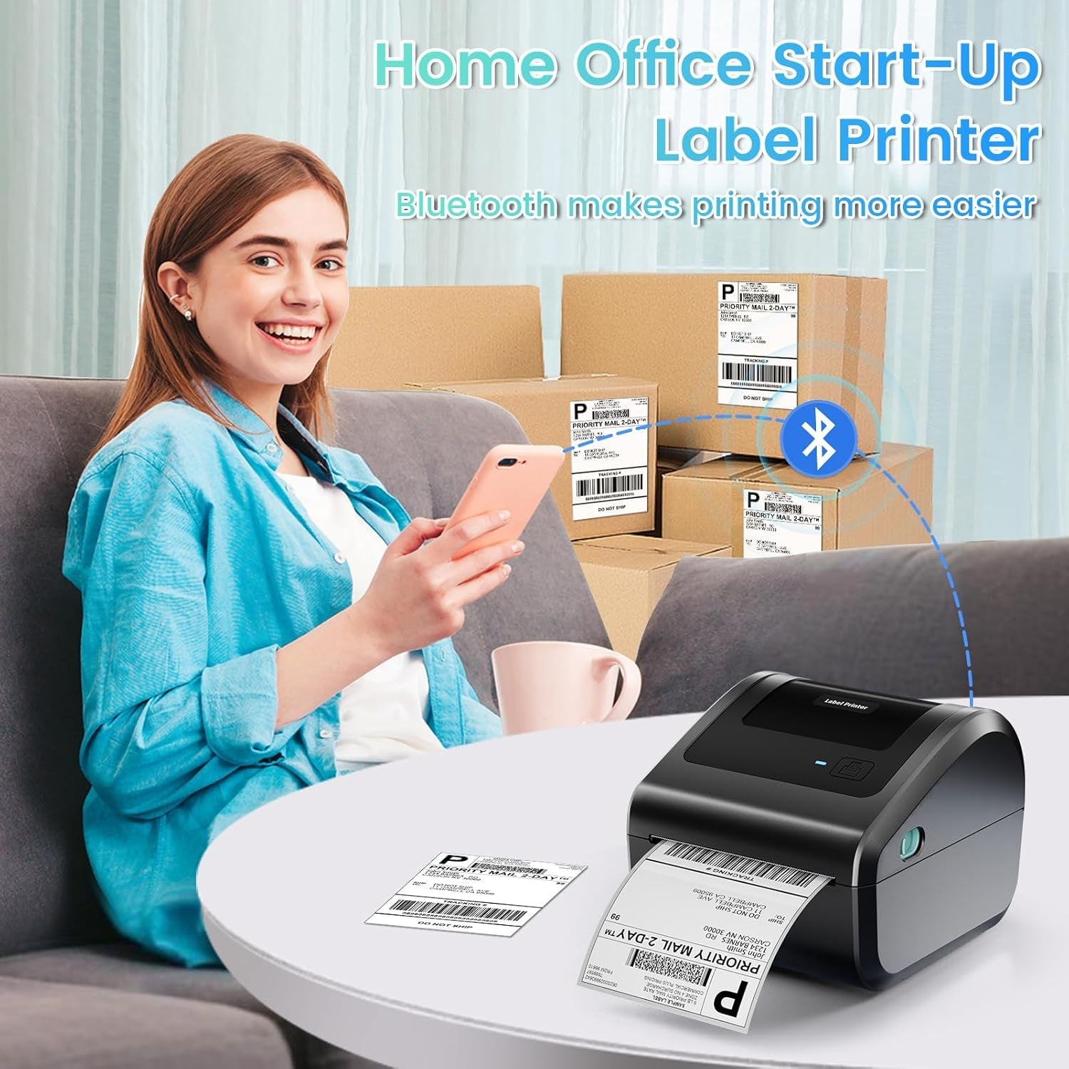 Bluetooth Shipping Label Printer 4X6 - D450BT Thermal Label Printer for Shipping Packages, Small Business, Home, Office, Compatible with Amazon, Ebay, Etsy, USPS