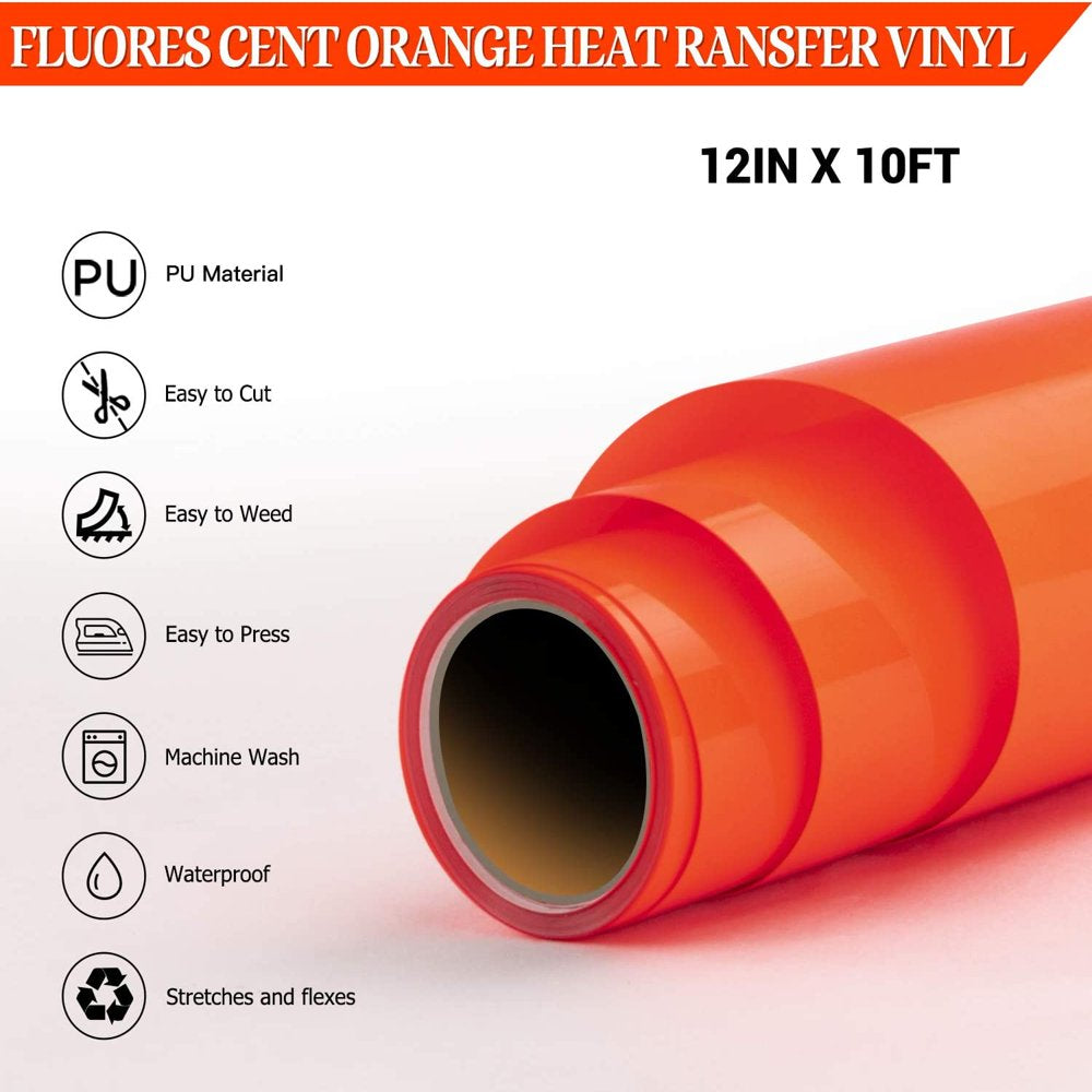 12" X 15 Ft Fluorescent Orange HTV Vinyl Rolls Heat Transfer Vinyl, Easy to Cut & Weed for Heat Vinyl Design