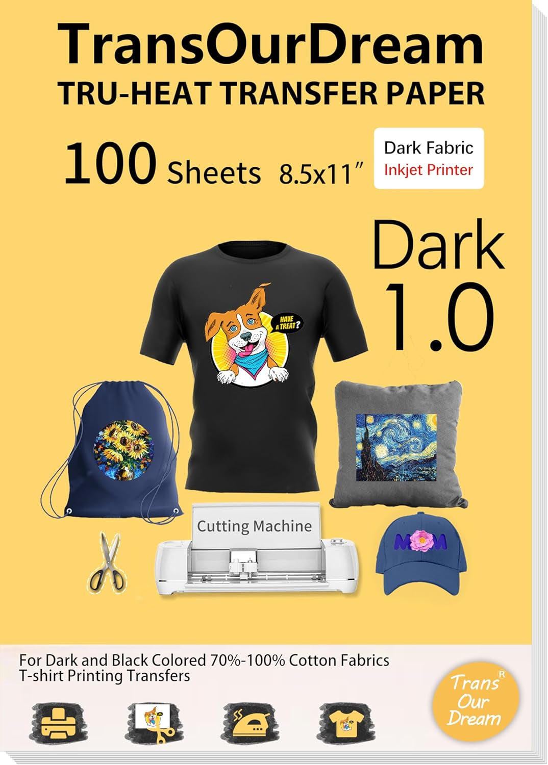 Transourdream Tru-Iron on Heat Transfer Paper for Dark Fabric (100 Sheets, 8.5X11") T Shirt Transfers Paper for Inkjet Printer Printable Heat Transfer Vinyl for T-Shirts (TRANS-D1-100)