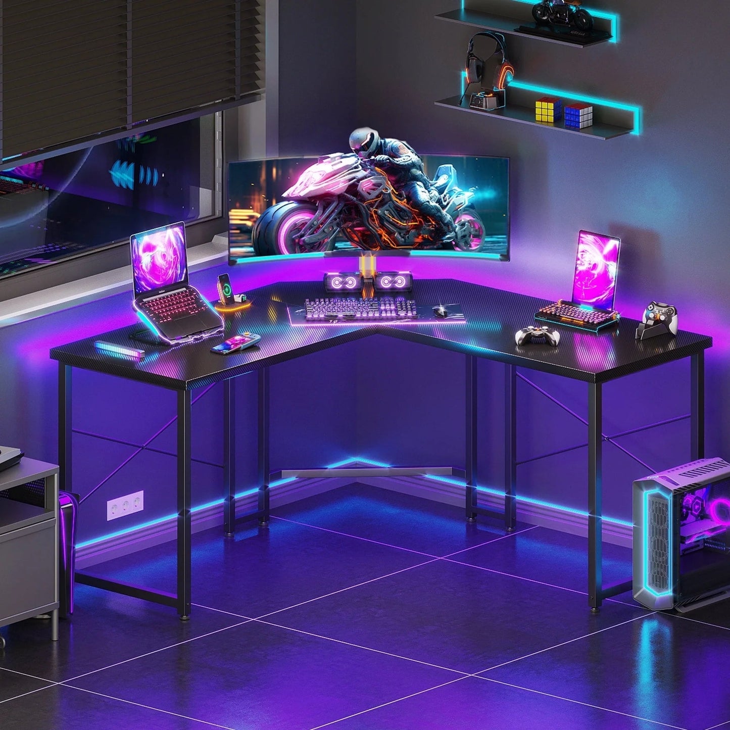 Computer Desk L Shaped, 51 Inch Reversible L Shaped Desk, Gaming Desk, Home Office Desk, Carbon Fiber Black