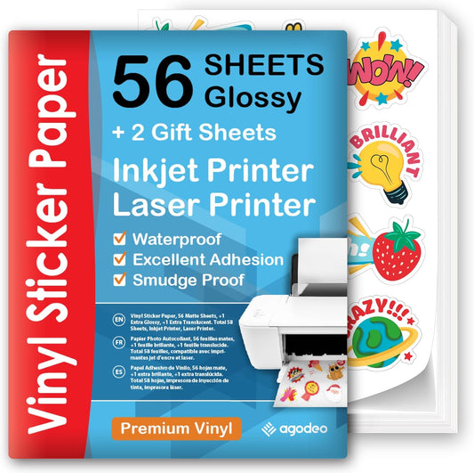 Premium Printable Vinyl Sticker Paper for Inkjet & Laser Printer - 56 Sheets - Glossy White - Self-Adhesive Waterproof Sheets - Dries Quickly & Vivid Colors - Holds Ink Well - Tear Resistant