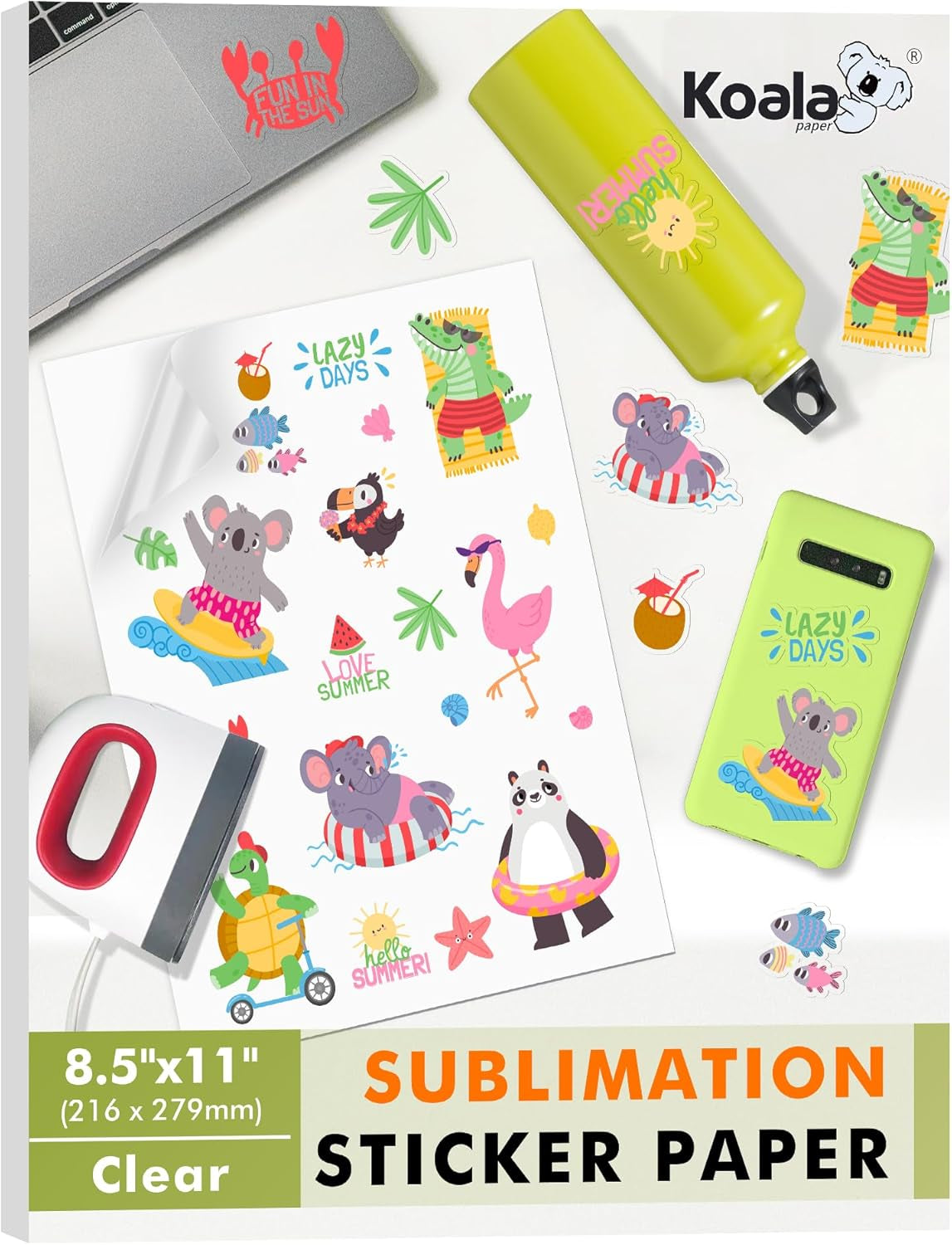 Koala Sublimation Sticker Paper 100% Transparent Waterproof Vinyl 8.5X11 Inch 25 Sheets, Quick Dry Vivid Colors Holds Ink Well
