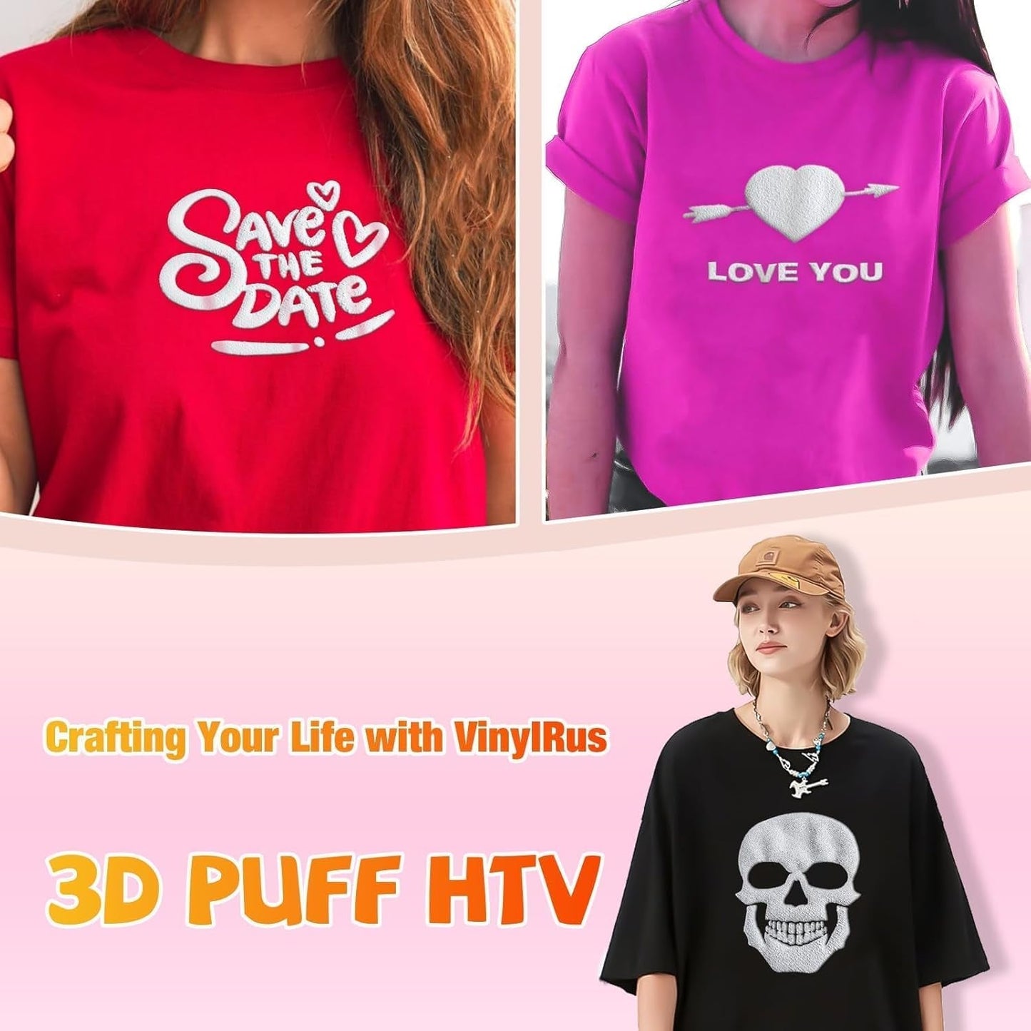 Vinylrus White Puff Vinyl Heat Transfer 3D -12” X 6Ft Puff Iron on Vinyl for T-Shirt, Puff HTV Vinyl Roll for Silhouette Cameo, or Maker, Easy to Cut and Weed
