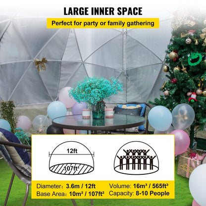 brand Dome Igloo Bubble Tent, 12'X7'Garden Dome Tent, Polyester Mesh Geodesic Dome House with Storage Bag & LED String Light, 8-10 Person Use, for Planting, Outdoor Party, Backyard, Gazebo