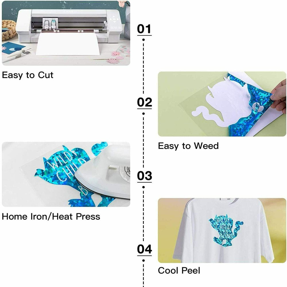 12" X 10 FT Crystal Blue Holographic Heat Transfer Vinyl HTV T-Shirt for Cricut