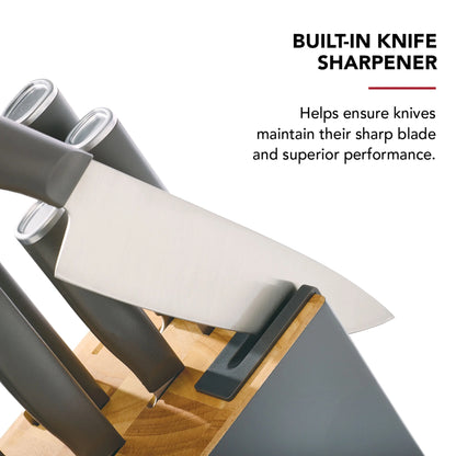 Classic 12-Piece Japanese Steel Knife Block Set with Built-In Knife Sharpener, Charcoal Gray