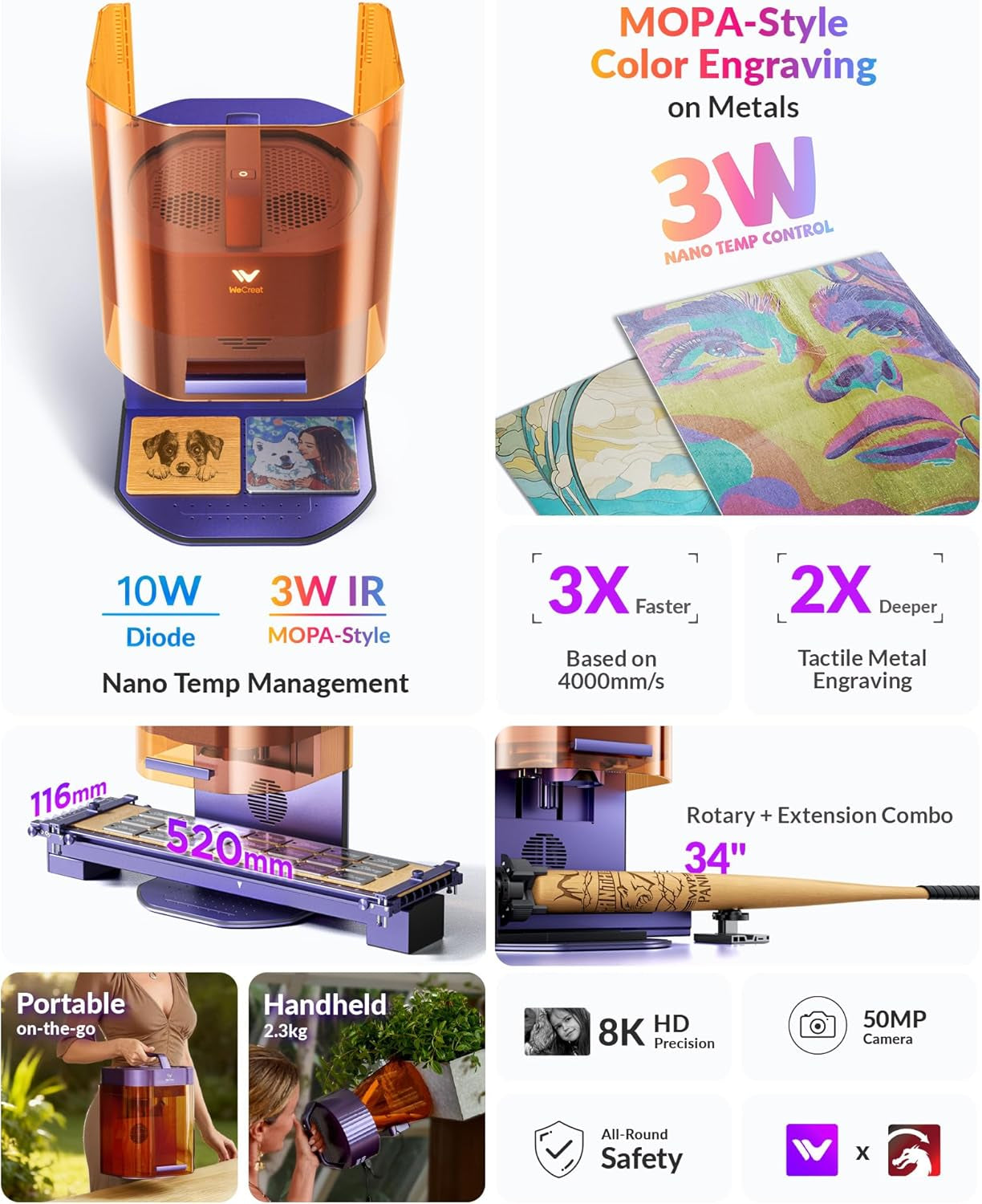 Lumos Dual (3W IR+10W Diode) Laser Engraver, with Handheld Protective Cone, 20.5” Extension, Rotary Pro, Fume Extractor, 4000Mm/S Speed, for DIY Tumbler Jewelry, Colorful Metal, Craft Fair
