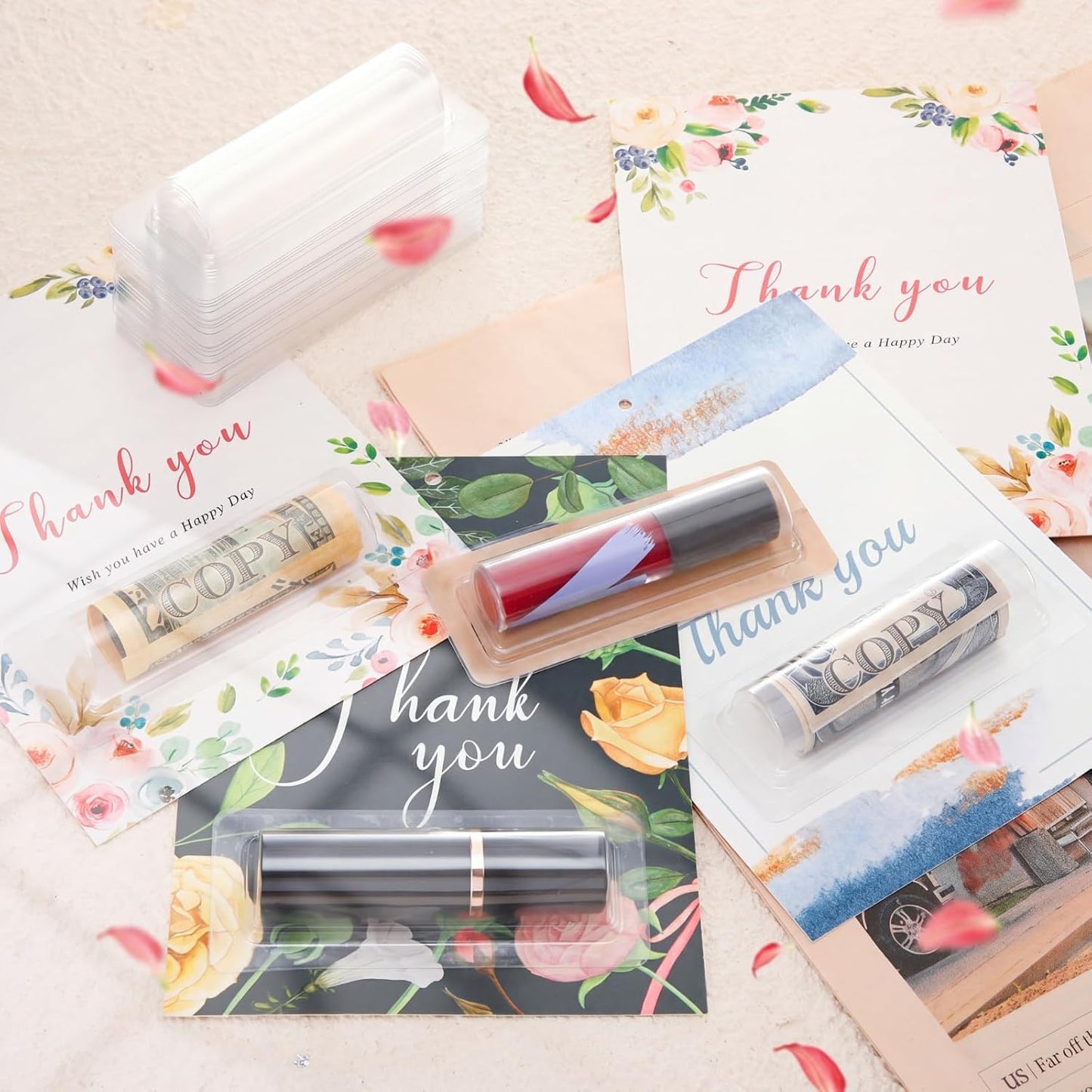 Barydat 200 Pcs Clear Lip Balm Pouches Plastic Money Holder for Cash Gift Lipstick Plastic Domes Compact Money Card Holder with Adhesive Lip Balm Cards for Organize DIY Storage