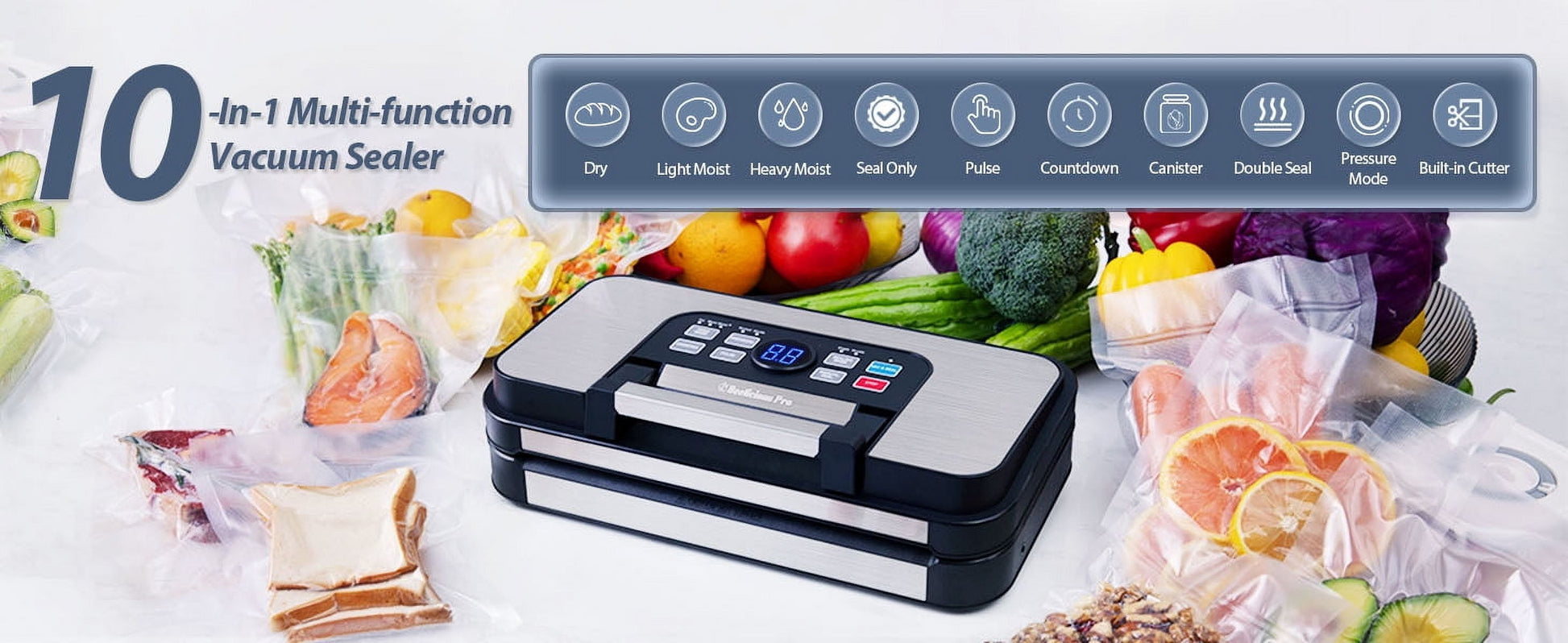 95Kpa Powerful Vacuum Sealer, Aeitto Food Sealer with 10-In-1 Functions, Easy-Lock Handle, Double Heat Seal & Double Pump, for Food with Bags Storage, Built-In Cutter,Stainless Steel