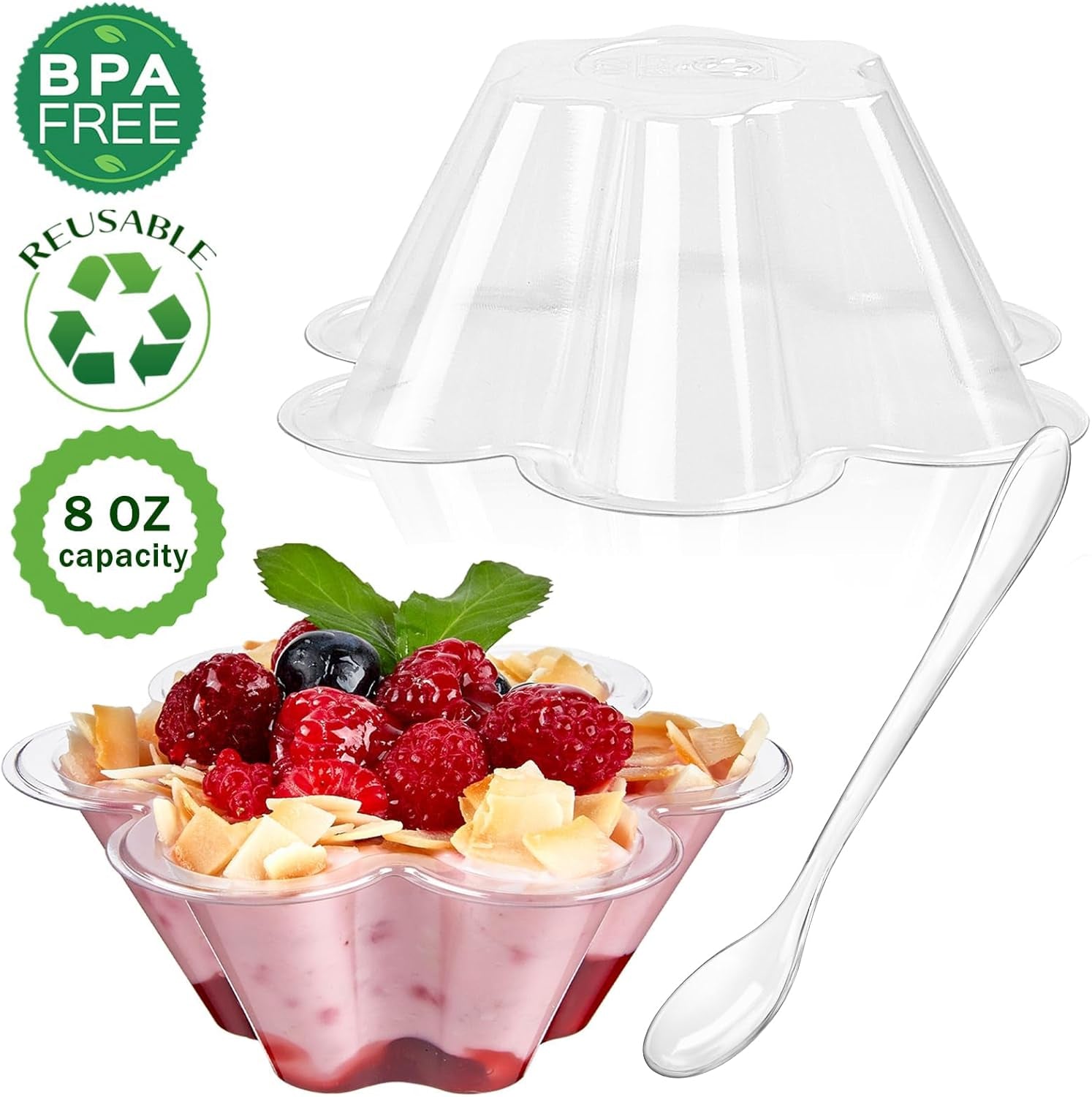 TOFLEN 8 Oz Dessert Cups with Spoons, 50 Pack Clear Plastic Small Party Serving Bowls for Sundae, Parfait, Fruit, Strawberry Shortcake, Disposable Snack Bowls (Flower Shape)