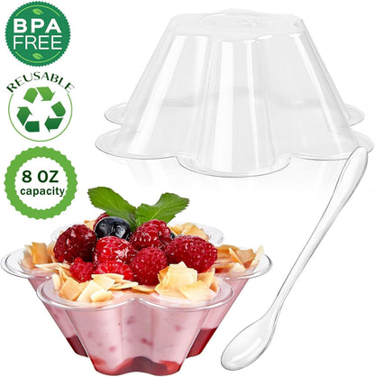 TOFLEN 8 Oz Dessert Cups with Spoons, 50 Pack Clear Plastic Small Party Serving Bowls for Sundae, Parfait, Fruit, Strawberry Shortcake, Disposable Snack Bowls (Flower Shape)