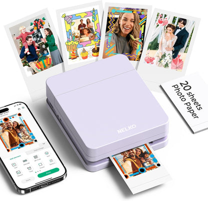 Nelko Photo Printer, PP01 Color Mini Portable Printer, Instant Smartphone Inkjet Printer, Sticky-Back Rechargeable Portable Picture Printer for Ios & Android Family, Purple