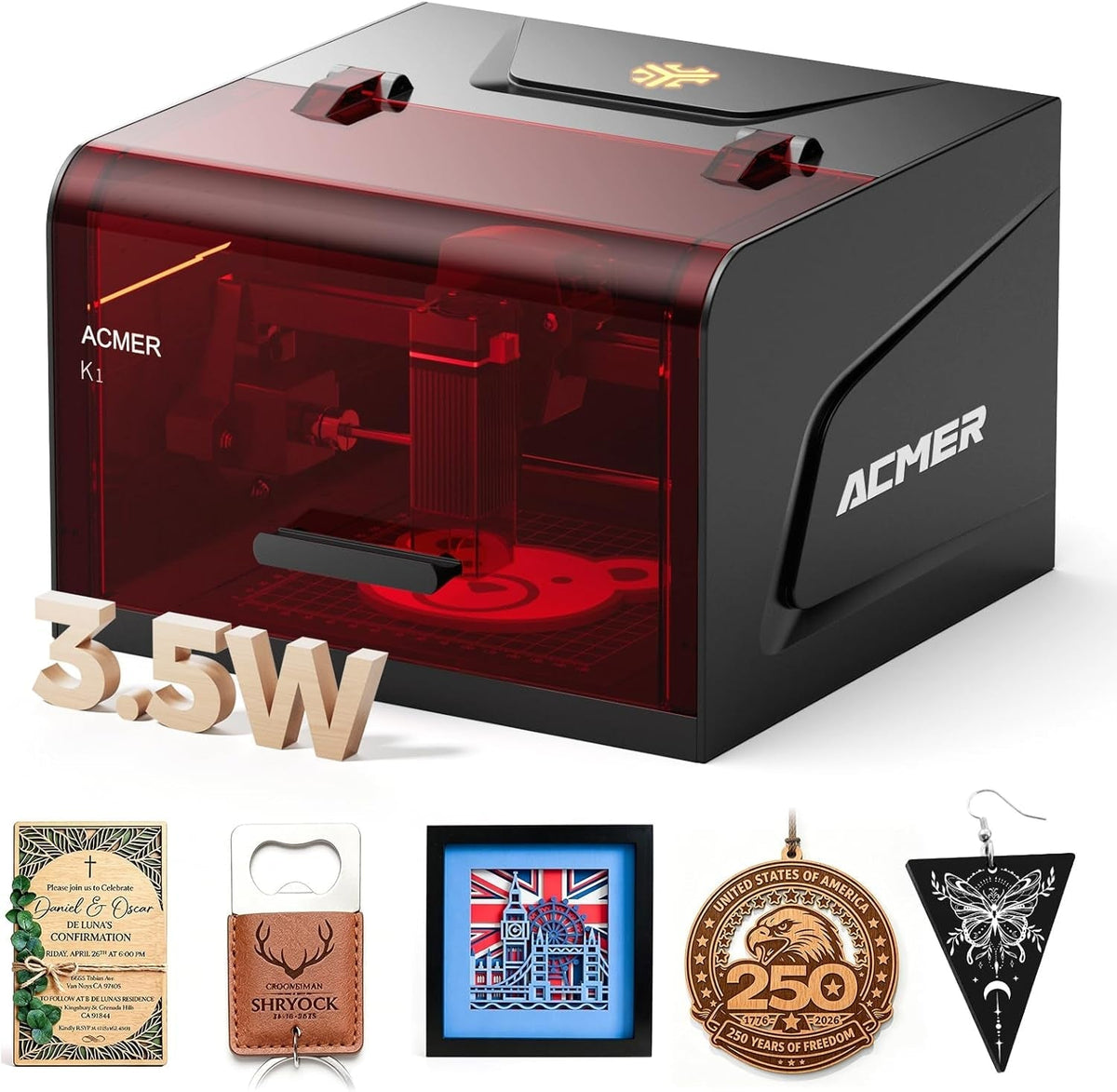 ACMER Laser Engraver Machine, K1 3500Mw Desktop Engraving Machine, 0.01Mm Ultra-Precision, Laser Cutter for Wood Acrylic Glass Leather, DIY Crafts & Small Business with Engraving Enclosure Honeycomb