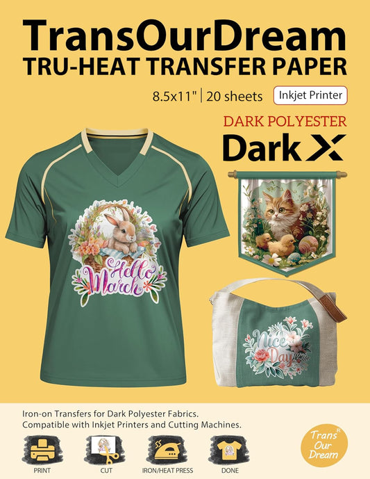 Transourdream Tru-Heat Transfer Paper for Dark Polyester Fabrics (Dark X, 8.5"X11", 20 Sheets) Printable Iron on Heat Transfer Vinyl for Inkjet Printer