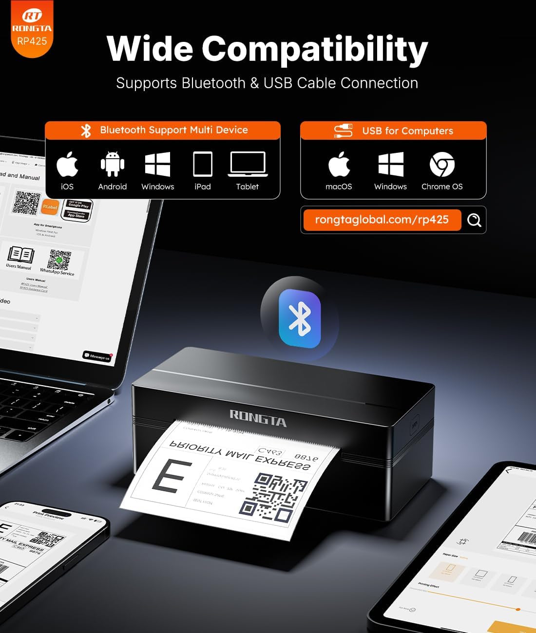Rongta Bluetooth Shipping Label Printer, Wireless 4X6 Thermal Label Printer for Shipping Packages, Support Android, Iphone, Widely Used for Amazon, Ebay, Shopify, Etsy, UPS, Black