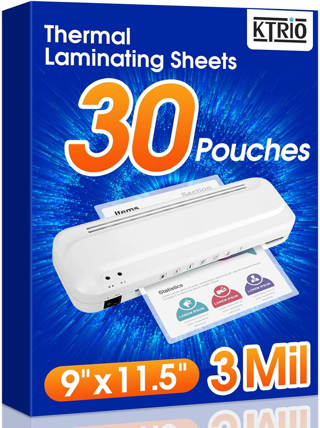 KTRIO 30 Pack Laminating Sheets 3 Mil, Hold 8.5 X 11 Inch Documents, Menus | Actual 9 X 11.5” Thermal Laminating Pouches, Clear Laminate Sheets for Laminator, Letter Size Lamination Paper, Office School