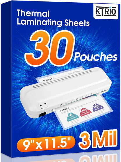 KTRIO 30 Pack Laminating Sheets 3 Mil, Hold 8.5 X 11 Inch Documents, Menus | Actual 9 X 11.5” Thermal Laminating Pouches, Clear Laminate Sheets for Laminator, Letter Size Lamination Paper, Office School