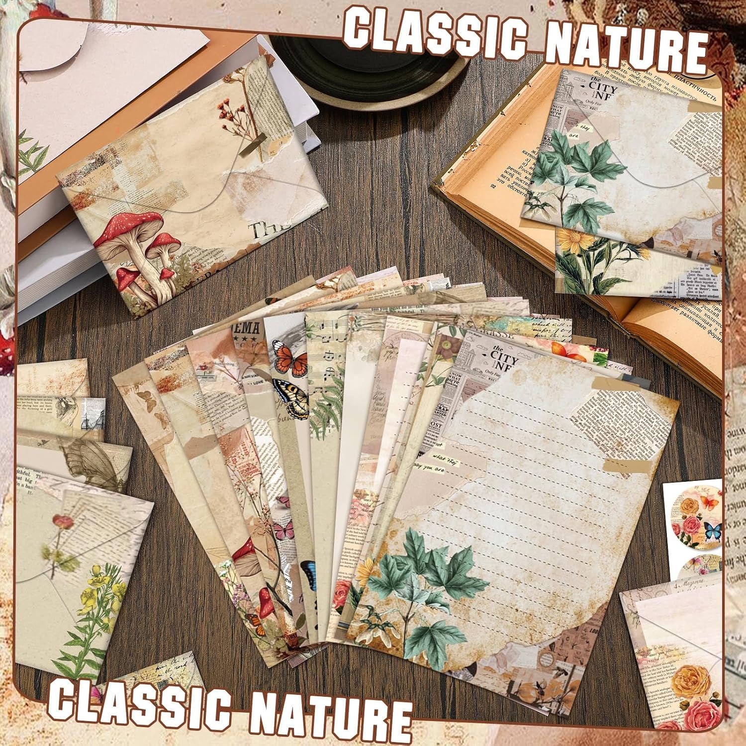 Taobary 160 Pcs Stationery Paper Set 50 Double Sided Stationery Papers with 50 Matching Envelopes and 60 round Dot Sticker, 10 Design(Nature Vintage Style,5.5 X 8.25 Inch)
