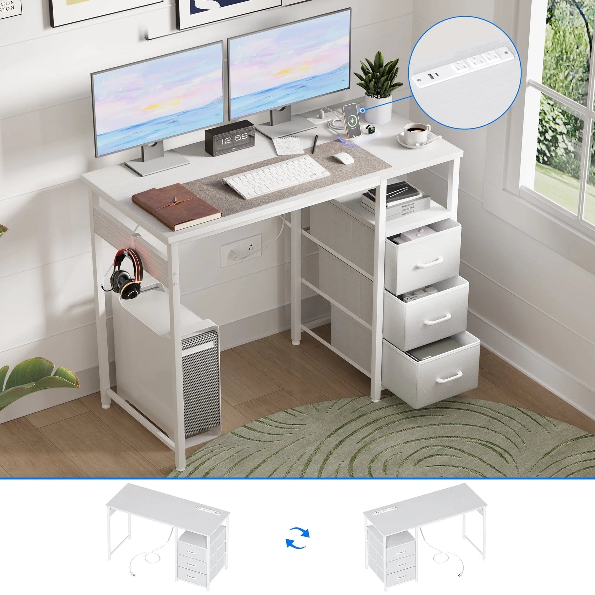 40 Inch Computer Desk with Power Outlets, Home Office Desk with 3 Drawers, Writing Desk with Removable Monitor Shelf, Pure White