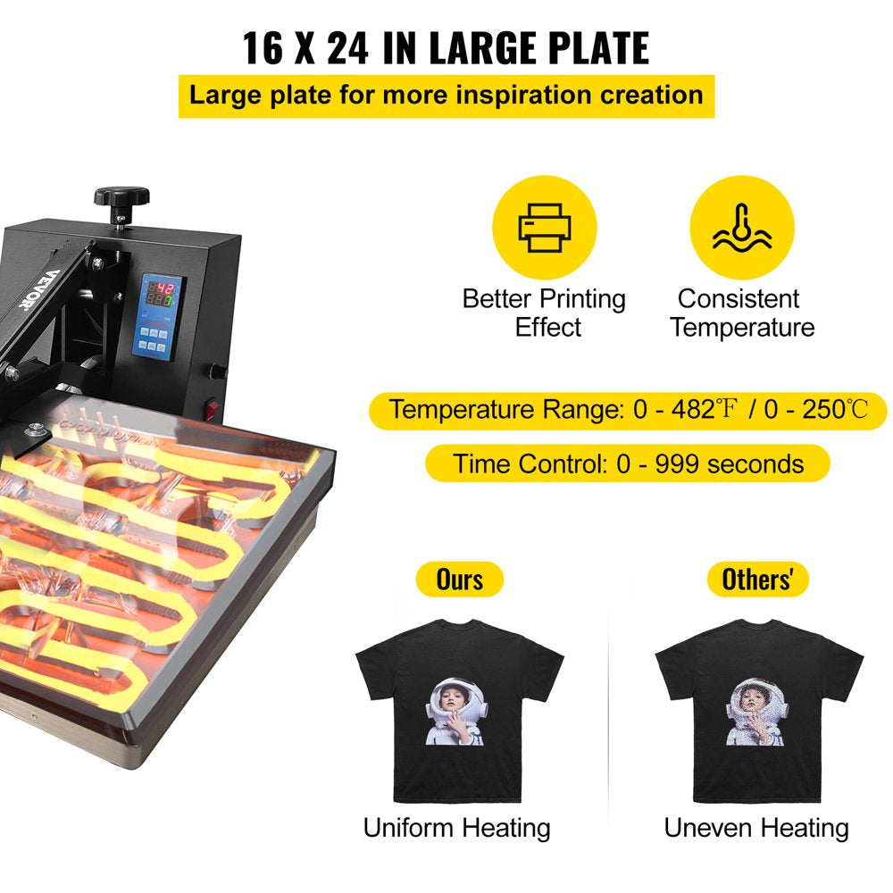 Heat Press Machine, 16 X 24 in / 40 X 61 Cm, Clamshell Sublimation Transfer Printer Teflon Coated, Digital Precise Heat Control, Silica-Gel Sponge Powerpress for T-Shirt Bag Pad Pillow