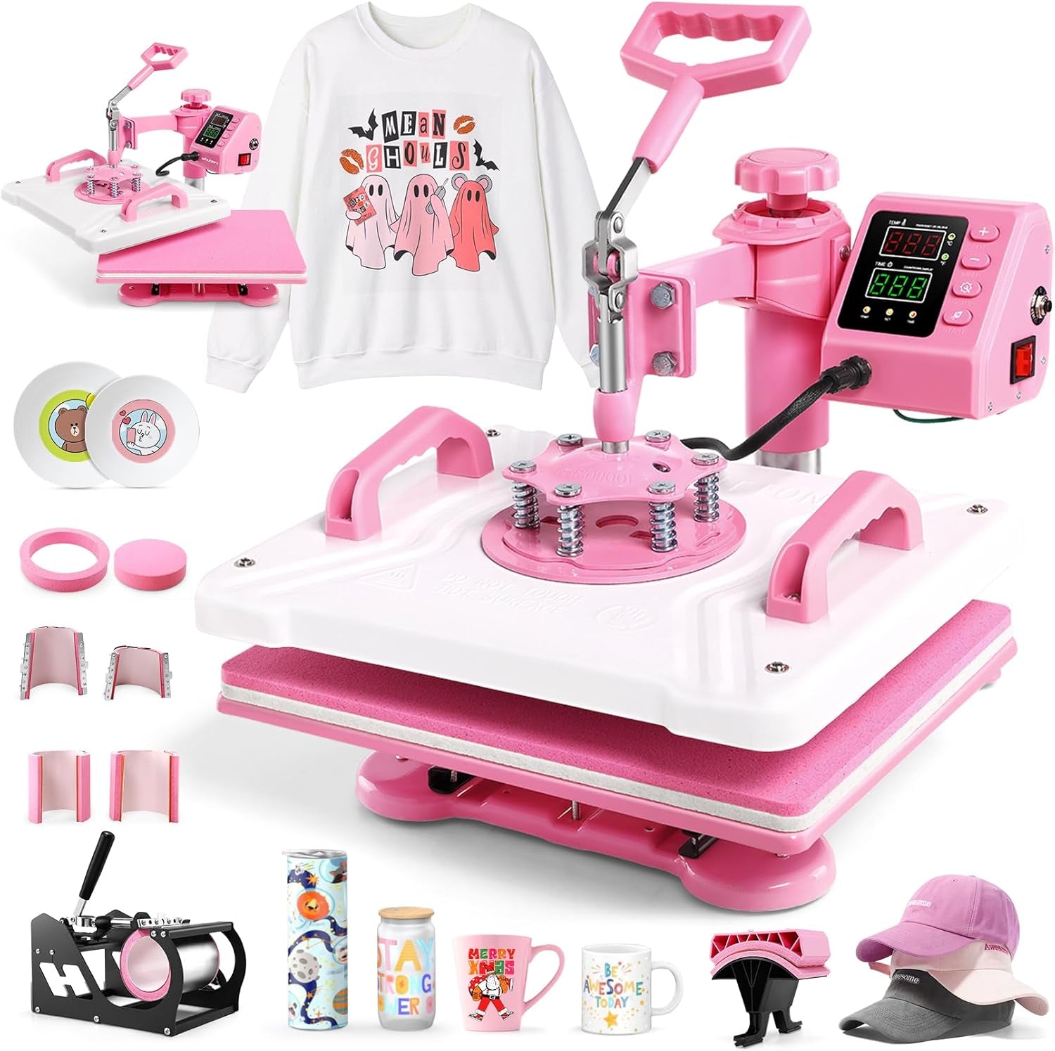 Whubefy 8 in 1 Heat Press Machine 15"X12" with Tumbler Press Hat Press, Industrial Sublimation Heat Press Machine for T Shirts Bags Hat Cap Mug Plate, 360° Swing Away T Shirt Press Machine Transfer