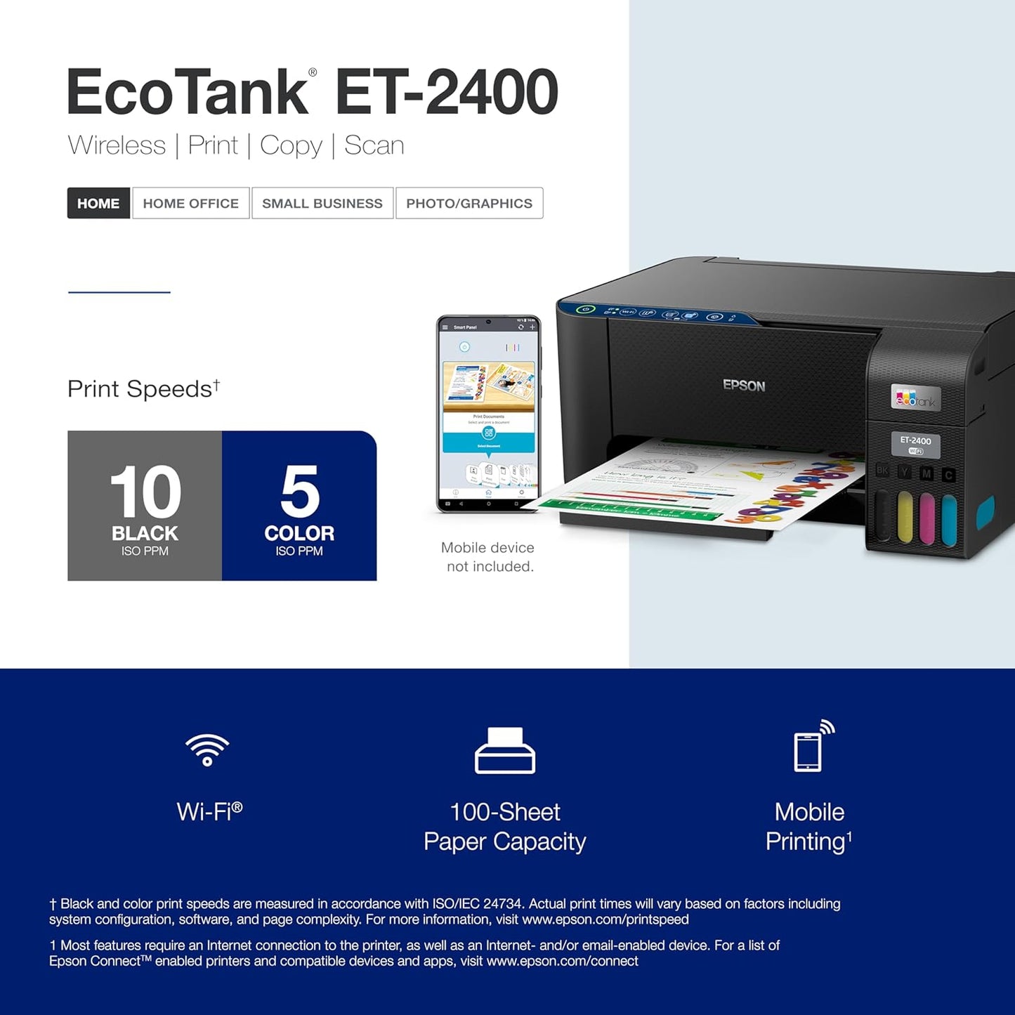 Epson® Ecotank ET-2400 Wireless Inkjet All-In-One Cartridge-Free Supertank Color Printer