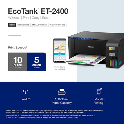 Epson® Ecotank ET-2400 Wireless Inkjet All-In-One Cartridge-Free Supertank Color Printer