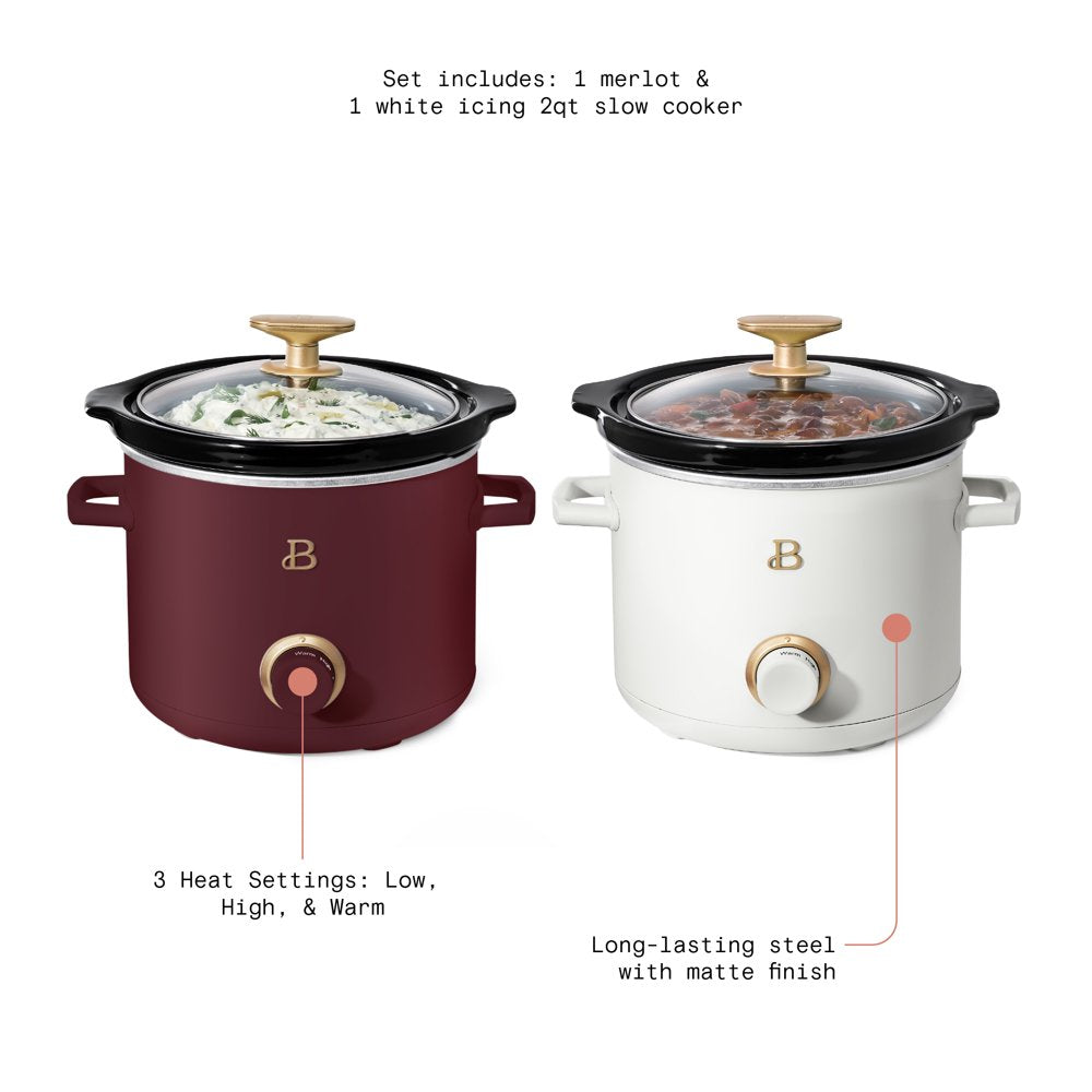 2 Qt Slow Cooker Set, 2-Pack, White Icing and Merlot by Drew Barrymore, 19340, 100 W