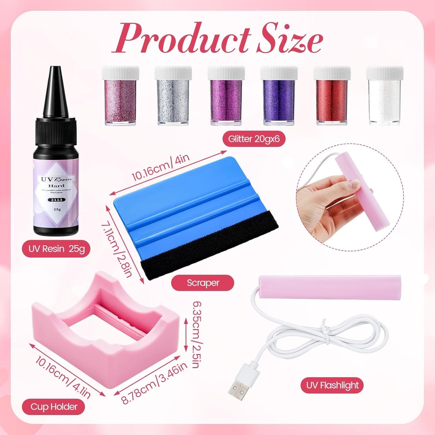 6 Pack Valentine'S Day DIY Snow Globe Tumbler Supplies Kits 16Oz Pre Drilled Double Wall Can Glitter Squeeze Bottle UV Resin Flashlight Pink Red Powder Stickers Valentine Making Tools for Starters