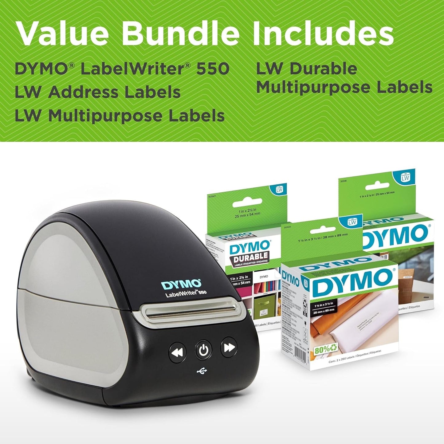 DYMO Labelwriter 550 Label Printer Bundle Label Maker with Direct Thermal Printing Automatic Recognition Includes 1 Roll Each: Address Labels Multipurpose
