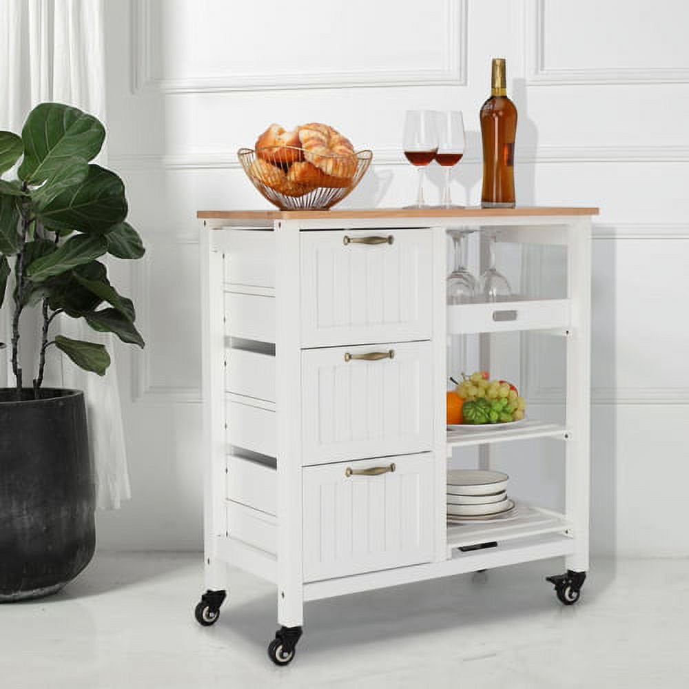 Kitchen Island Rolling Storage Cart with 3 Drawer 3 Tier Holder Serving Bar Cart Coffee Bar Small Kitchen Microwave Trolley with Natural Solid Wood Top Caster Home Furniture, White