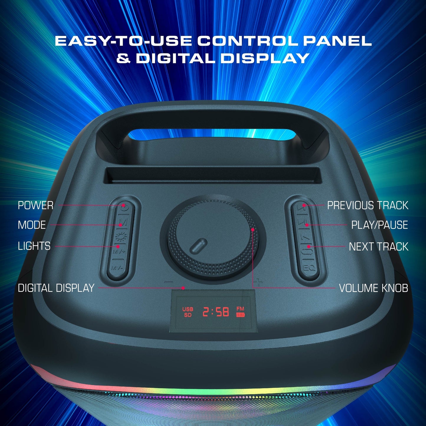 Sonic Bass V4 Portable Bluetooth Speaker – Wireless Party Speaker with Deep Bass, Karaoke Speaker with Microphone Port, LED Lights, Outdoor Portable Rechargeable Speaker