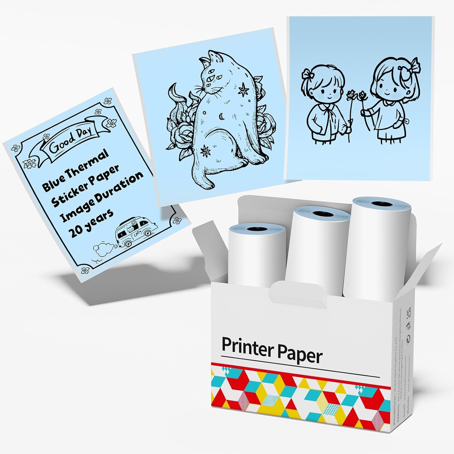 Phomemo Blue Self-Adhesive Thermal Paper, Glossy Printable Sticker Paper Label for Phomemo M02/M02 Pro/M02S/P2S/M03/M04S Mini Sticker Printer, 50Mm X 3.5M, Diameter 28Mm, 3-Rolls, Image Time 20 Years