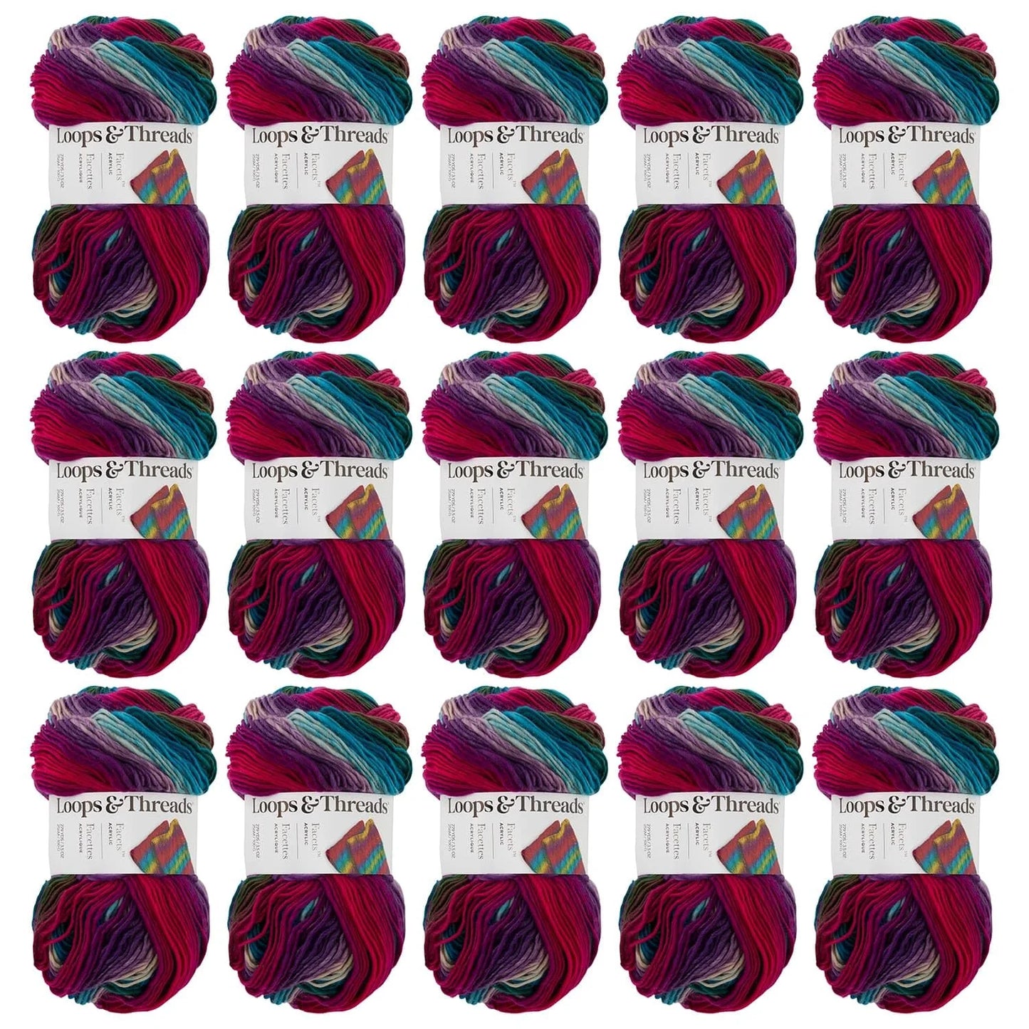 Loops & Threads Vivid Facets Yarn - Medium Weight Yarn for Knitting, Crochet, Weaving, Arts & Crafts, 15 Pack