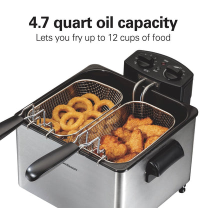 Professional-Style Deep Fryer with 2 Frying Baskets, 4.7 Quart or 19 Cup Oil Capacity, Lid with View Window, Stainless Steel, 35036