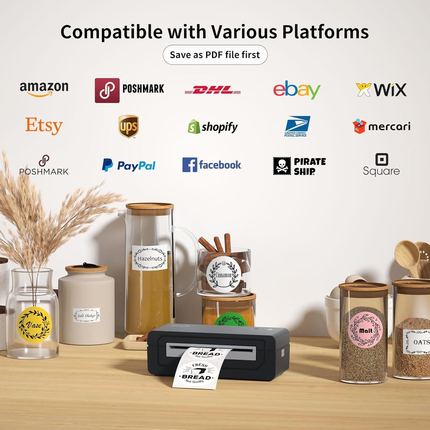 Bluetooth Thermal Shipping Label Printer, 4X6 Inkless Label Machine for Ios, Android, Laptop, Wireless Printer for Small Business, Compatible with Amazon, UPS, Shopify, Black